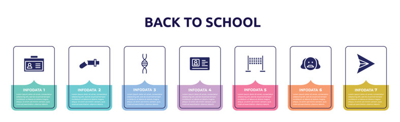 back to school concept infographic design template. included student card, damaged, genetic, driving license, finish, shakespeare, paper airplane icons and 7 option or steps.