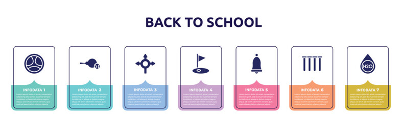 back to school concept infographic design template. included driving, table tennis, roundabout, golf field, school alarm, tubes, h2o icons and 7 option or steps.