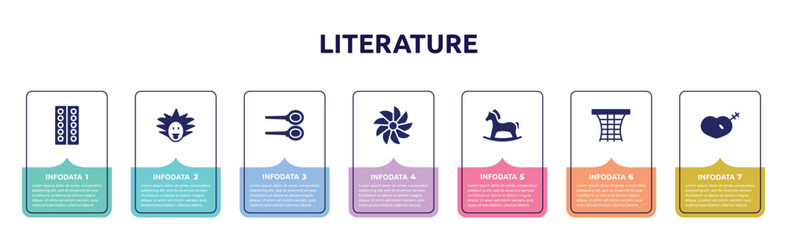 literature concept infographic design template. included blister, einstein, badminton, whirligig, hobby horse, basketball gear, treason icons and 7 option or steps.