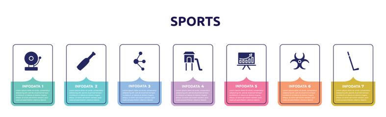 sports concept infographic design template. included school bell, baseball bat, molecules, children park, pitch, hazard, hockey stick icons and 7 option or steps.