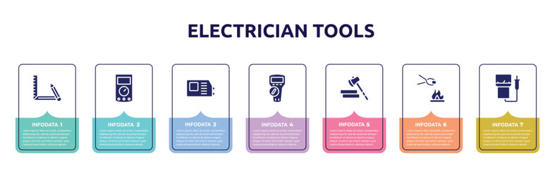 electrician tools concept infographic design template. included drawing tool, ammeter, welding hine, multimeter, lumberjack, furnace, electric meter icons and 7 option or steps.