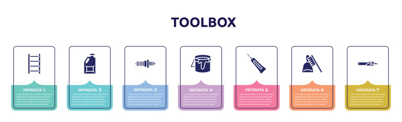 toolbox concept infographic design template. included ladder, jerrycan, spark plug, open paint bucket, caulk, dustpan and brush, sharp chainsaw icons and 7 option or steps.