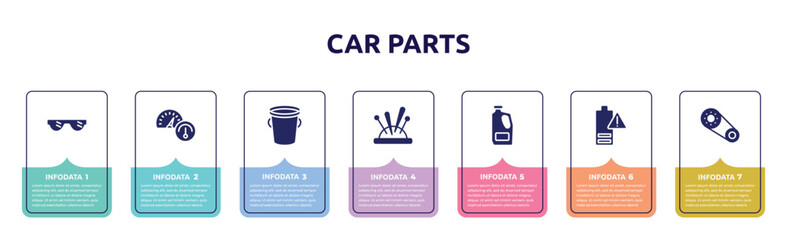car parts concept infographic design template. included eye protection, oil gauge, water bucket, needle holder, detergent, empty battery, timing belt icons and 7 option or steps.