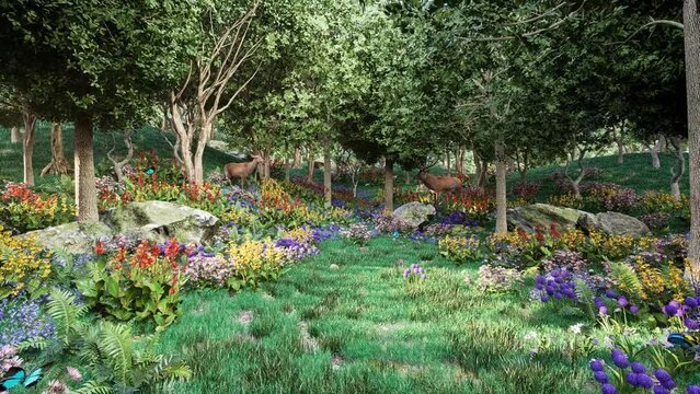 Animation of relaxing terrace with wonderful forest 3d render ,Furnished with wooden furniture and fabrics that overlook the green nature with colorful flowers.