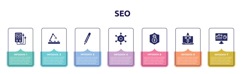 seo concept infographic design template. included diagtic tool, conveyor belt, digital pen, nanotechnology, unsecure, missile, web analytics icons and 7 option or steps.