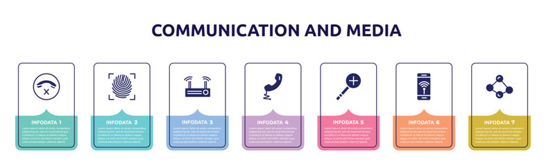 communication and media concept infographic design template. included hang up, fingerprint scan, modem, telephone auricular with cable, zooming, smartphone with wireless internet, social normal