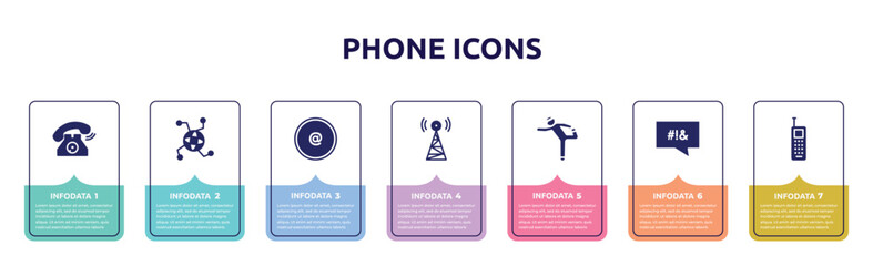 phone icons concept infographic design template. included old telephone ringing, internet connection, arroba, wifi, stretching, swear, vintage mobile phone icons and 7 option or steps.