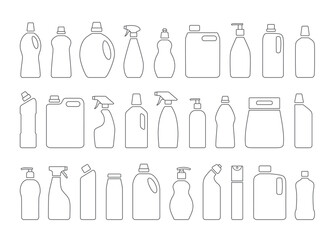 Fototapeta premium Collection of different cleaning and washing products. Isolated on white background. Modern thin line icons for Web and Mobile. Vector illustration.