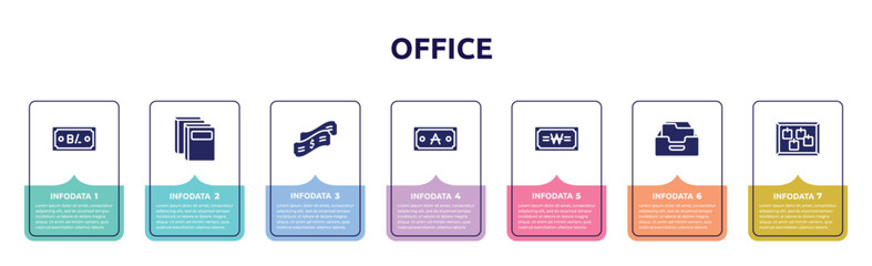 office concept infographic design template. included balboa, binder, dollar bill, austral, won, filing cabinet, cork board icons and 7 option or steps.