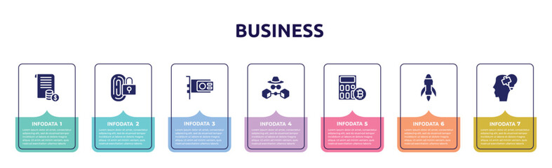 business concept infographic design template. included statement, biometric, graphic card, annonymous, calculate, launching, creative mind icons and 7 option or steps.