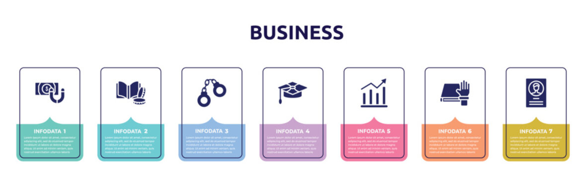 business concept infographic design template. included retention, finance book, handcuffs, mortarboard, demand, oath, accounts icons and 7 option or steps.