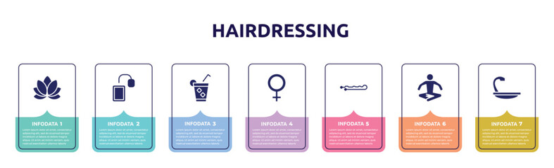 hairdressing concept infographic design template. included lily, tea bag, ice tea, femenine, hair pin, relaxation, hair wash sink icons and 7 option or steps.