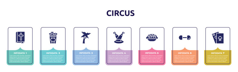 circus concept infographic design template. included bible, popcorn, coconut tree, scene, pie, dumbbell, poker icons and 7 option or steps.