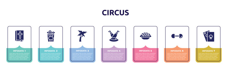 Fototapeta premium circus concept infographic design template. included bible, popcorn, coconut tree, scene, pie, dumbbell, poker icons and 7 option or steps.
