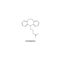 Amitriptyline molecule flat skeletal structure, TCA - Tricyclic antidepressant class drug used in depression treatment. Vector illustration on white background.
