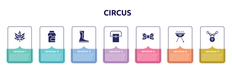 circus concept infographic design template. included fall, jam, wellington, freezer, bow tie, , locks icons and 7 option or steps.