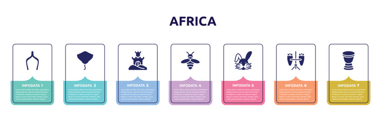 africa concept infographic design template. included wishbone, stingray, sand castle, beekeeper, bunny, conga, african drums icons and 7 option or steps.