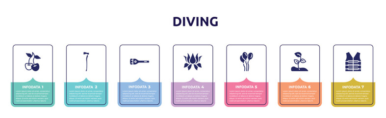 diving concept infographic design template. included cherry, axe, flashlight, lotus flower, balloons, sprout, lifejacket icons and 7 option or steps.