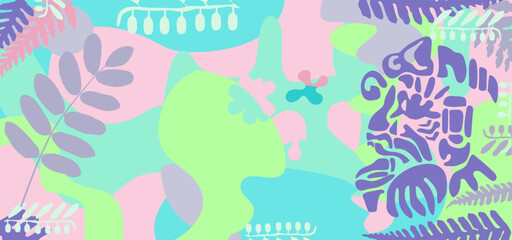 Frame with the image of the mask of the ancient Mayan deity and the leaves of the fern and acacia on a pink background