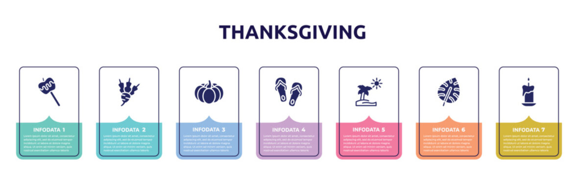 thanksgiving concept infographic design template. included caramel, beet, pumpkin, flip flops, pictures, monstera leaf, candles icons and 7 option or steps.