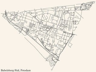 Detailed navigation black lines urban street roads map of the BABELSBERG SÜD DISTRICT of the German regional capital city of Potsdam, Germany on vintage beige background