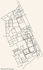 Detailed navigation black lines urban street roads map of the WALDSTADT II DISTRICT of the German regional capital city of Potsdam, Germany on vintage beige background