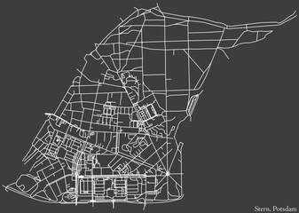 Detailed negative navigation white lines urban street roads map of the STERN DISTRICT of the German regional capital city of Potsdam, Germany on dark gray background