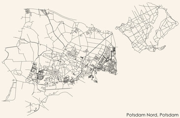 Detailed navigation black lines urban street roads map of the POTSDAM NORD BOROUGH of the German regional capital city of Potsdam, Germany on vintage beige background