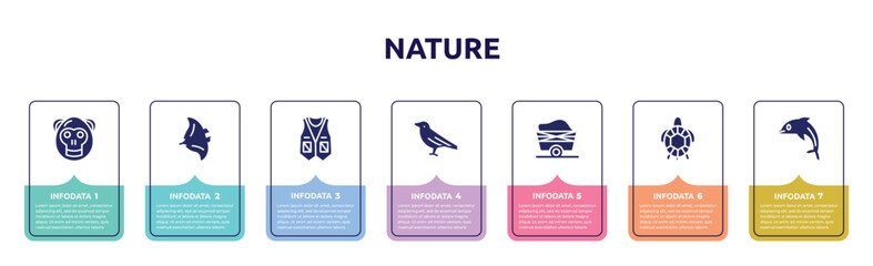 nature concept infographic design template. included orangutan, manta ray, vest, crow, wagon, tortoise, dolphin icons and 7 option or steps.