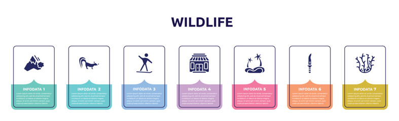 wildlife concept infographic design template. included avalanche, skunk, snowboard, gift shop, oasis, dagger, coral icons and 7 option or steps.