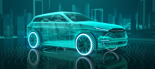 Augmented reality of wireframe car concept on the road and futuristic city on the background. SUV car in front side view. Professional 3d rendering of own designed generic non existing car model. - obrazy, fototapety, plakaty
