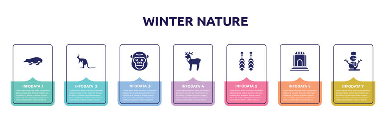 winter nature concept infographic design template. included mole, kangaroo, gorilla, reindeer, earrings, monument, snowman icons and 7 option or steps.