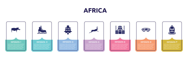 africa concept infographic design template. included rhino, ice skate, pine tree, hare, basilica, safety glasses, backpack icons and 7 option or steps.