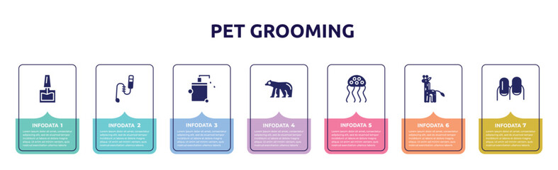 pet grooming concept infographic design template. included nail polish, teasing stick, pet shampoo, polar bear, jellyfish, giraffe, nails icons and 7 option or steps.