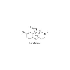Lortalamine molecule flat skeletal structure, Selective NRI - Selective norepinephrine reuptake inhibitor class drug used in research. Vector illustration on white background.