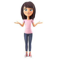 Girl cartoon character in pink t-shirt isolated on white background shrugs shoulders. 3d rendering illustration.