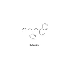 Duloxetine molecule flat skeletal structure, SNRI - Serotonin norepinephrine reuptake inhibitor class drug used in depression, fibromyalgia, neuropathic pain. Vector illustration on white background.