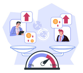 Business efficiency monitoring and choice of best team for project concept, flat vector illustration isolated on white background. Analysing competence and skills of company employees, KPI index.
