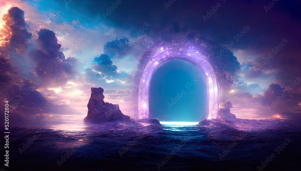Poster portal from another dimension against the background of the sea. neon space galaxy portal.