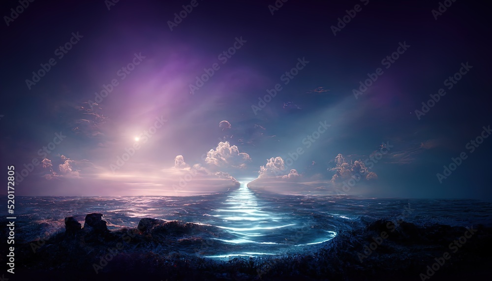 Poster portal from another dimension against the background of the sea. neon space galaxy portal. 3d illust