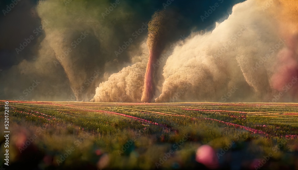Poster a dramatic colorful storm creating a powerful tornado sweeping through the dense countryside with li