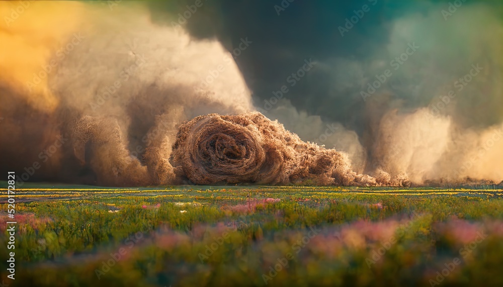 Poster a dramatic colorful storm creating a powerful tornado sweeping through the dense countryside with li