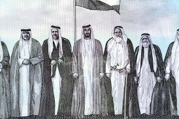The seven founding fathers of UAE United Arab Emirates with flag after signing the union document...