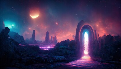 Portal from another dimension against the background of the sea.  Neon space galaxy portal. 3D illustration.