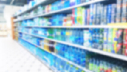 Abstract blur supermarket background. Defocused shelves with fresh products. Grocery shopping. Store. Retail industry. Food. Rack. Discount. Inflation and crisis concept. Aisle. Recession. Collapse.