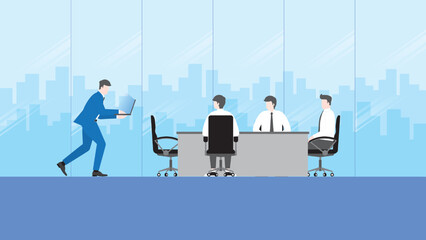 Urgent job, hurry up and rush hour. A businessman works by laptop and runs to an office meeting room. Boss, employee, manager, work hard, overwork, overload, deadline project, and workaholic concept.