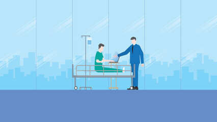 Workaholic, work hard, overwork, busy, tired, overtime and deadline concept. A boss assigns tasks to a sick employee patient, using a laptop on a hospital bed with a saline solution medical drip bag.