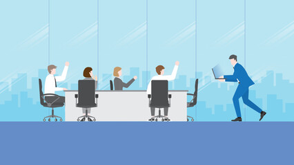 Hurry up, rush hour and urgent job. Businessman works by laptop and runs to office meeting room. Teamwork enjoying a job together, boss, cheerful employees, work hard, deadline project and workaholic.