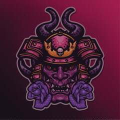 Fierce Hanya Devil Mask with Samurai Helmet and Rose Flower Vector Mascot Logo Illustration