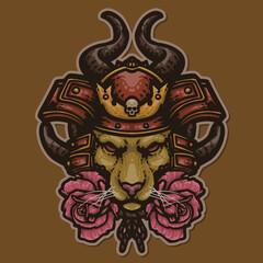 Fierce Lion Samurai Ronin Warrior with Rose Flower Mascot Vector Logo Illustration